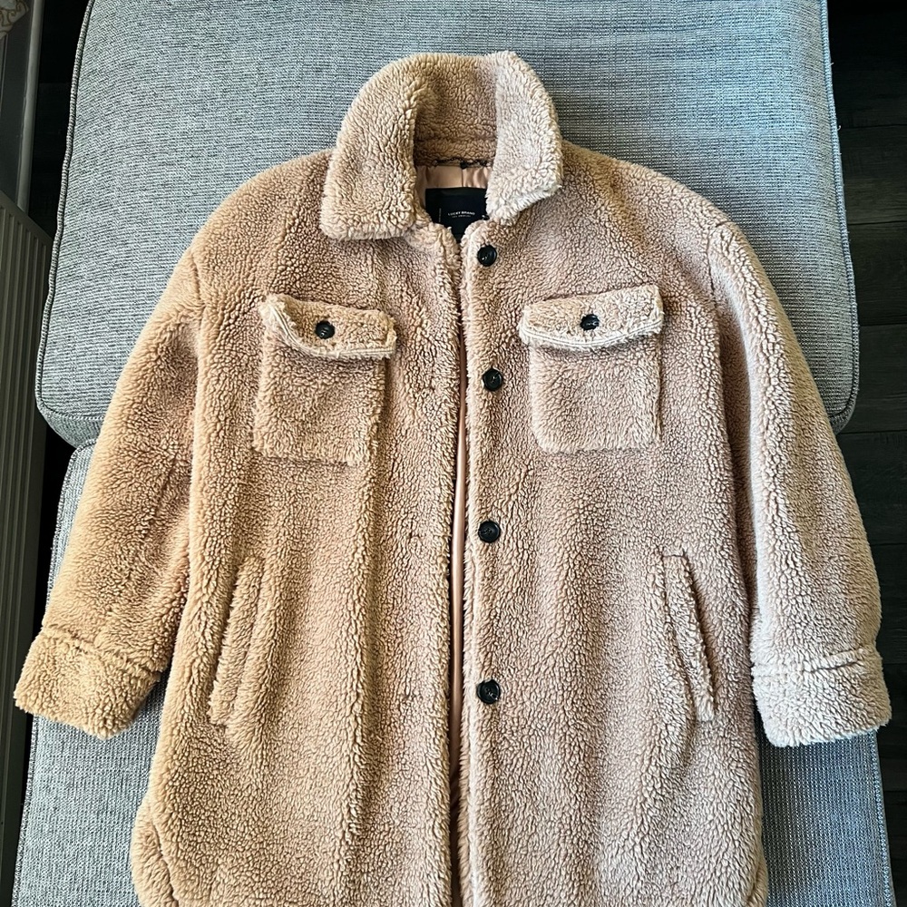 Lucky‎ Brand Womens M Faux Fur Mid Length Trucker Coat Sherpa Teddy